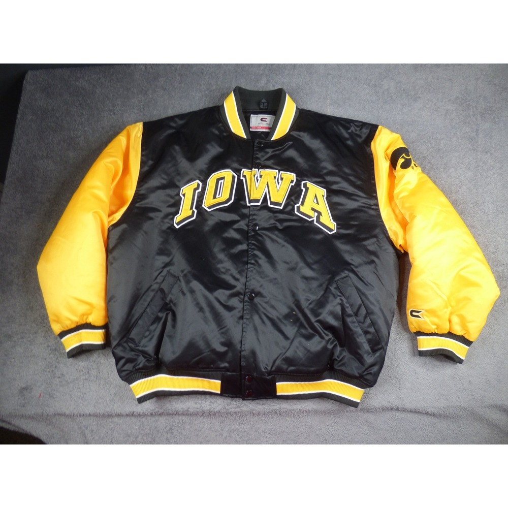 Iowa Hawkeyes Varsity Bomber Jacket Mens L Black Gold Satin Quilted Colosseum